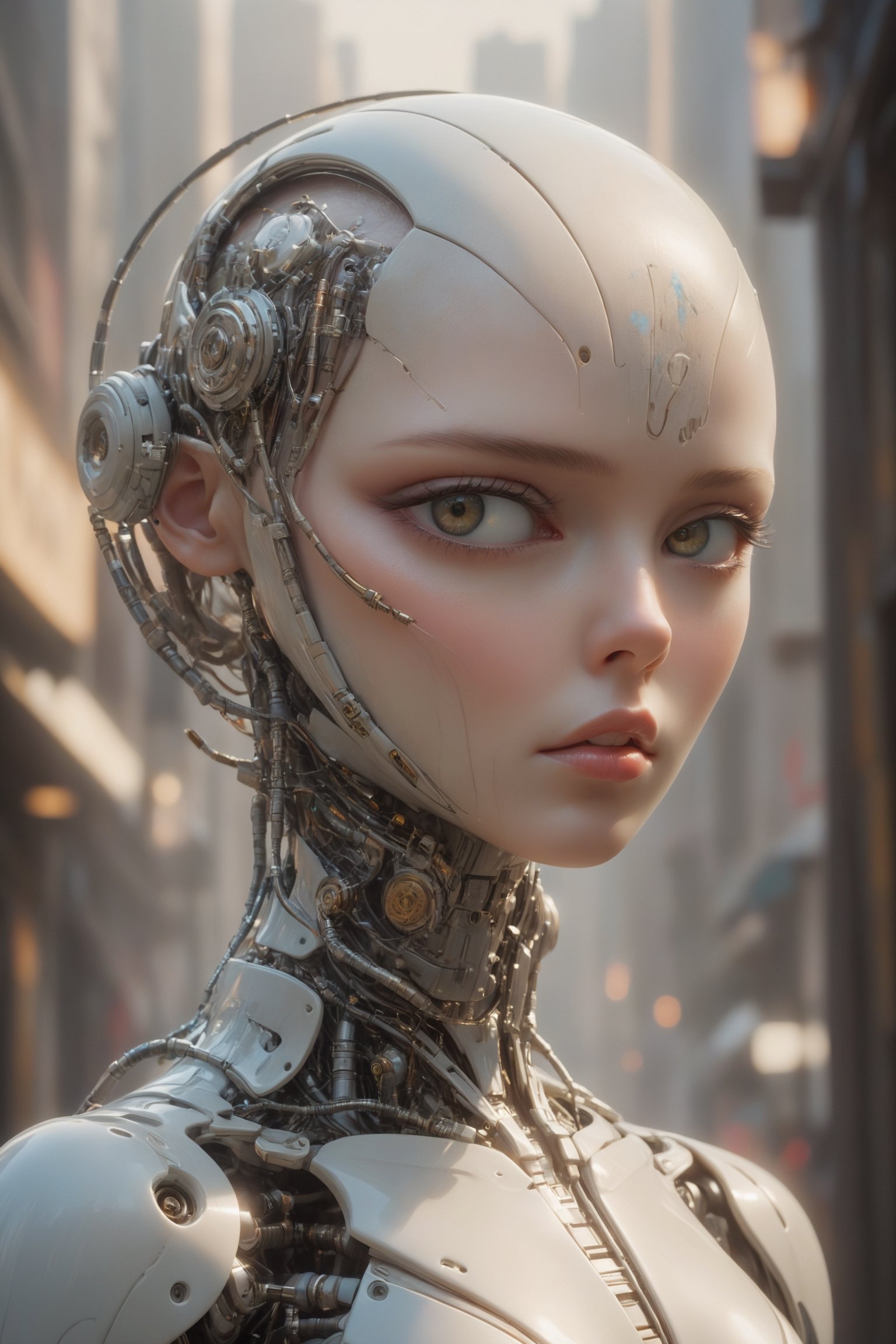Masterpiece, {{{full_body}}}, {{{full_figure}}}, Oil painting of a beautiful female cyborg. straight on to camera,  bald head, small eyes, pale white skin with a rubbery plastic look, glistening, pearlescent skin. beautiful face, made to look almost human, but has an eerie quality, vacant eyes, luscious pouting lips, real human breasts, dreamlike, hyperrealistic, instanely detailled soft color, dreamlike, surrealism, plain graduated pale background, intricate details, 3D rendering, octane rendering. Art in pop surrealism lowbrow creepy cute style. Inspired by Ray Caesar. Vintage art, ((art deco background)), opaque colors, light grain, indirect lighting, aesthetic portrait, DonMCyb3rN3cr0XL,cyborg,science fiction,close up