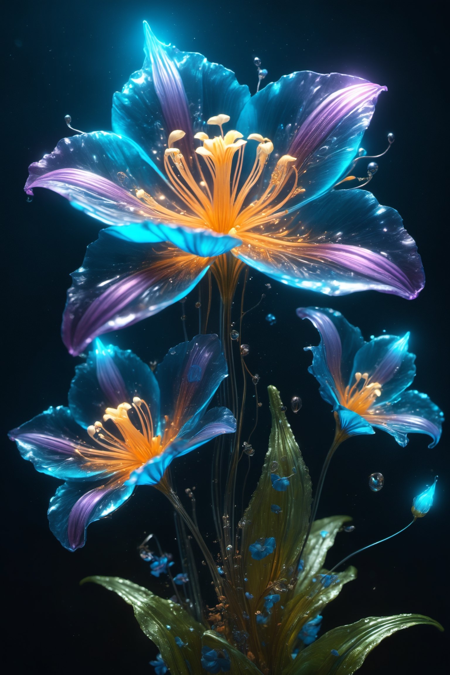 Magical Fantastic Bioluminescent Flowers, Liquid Structure, Flying Petals, Sparks, Splash, Portrait Photography, Fantasy Background, Intricate Patterns, Ultra Detailed, Luminous, Radiance, Ultra Realism, Complex Details, Intricate Details, 16k, HDR, High Quality, Trending On Artstation, Sharp Focus, Studio Photo, Intricate Details, Highly Detailed, By Greg Rutkowski