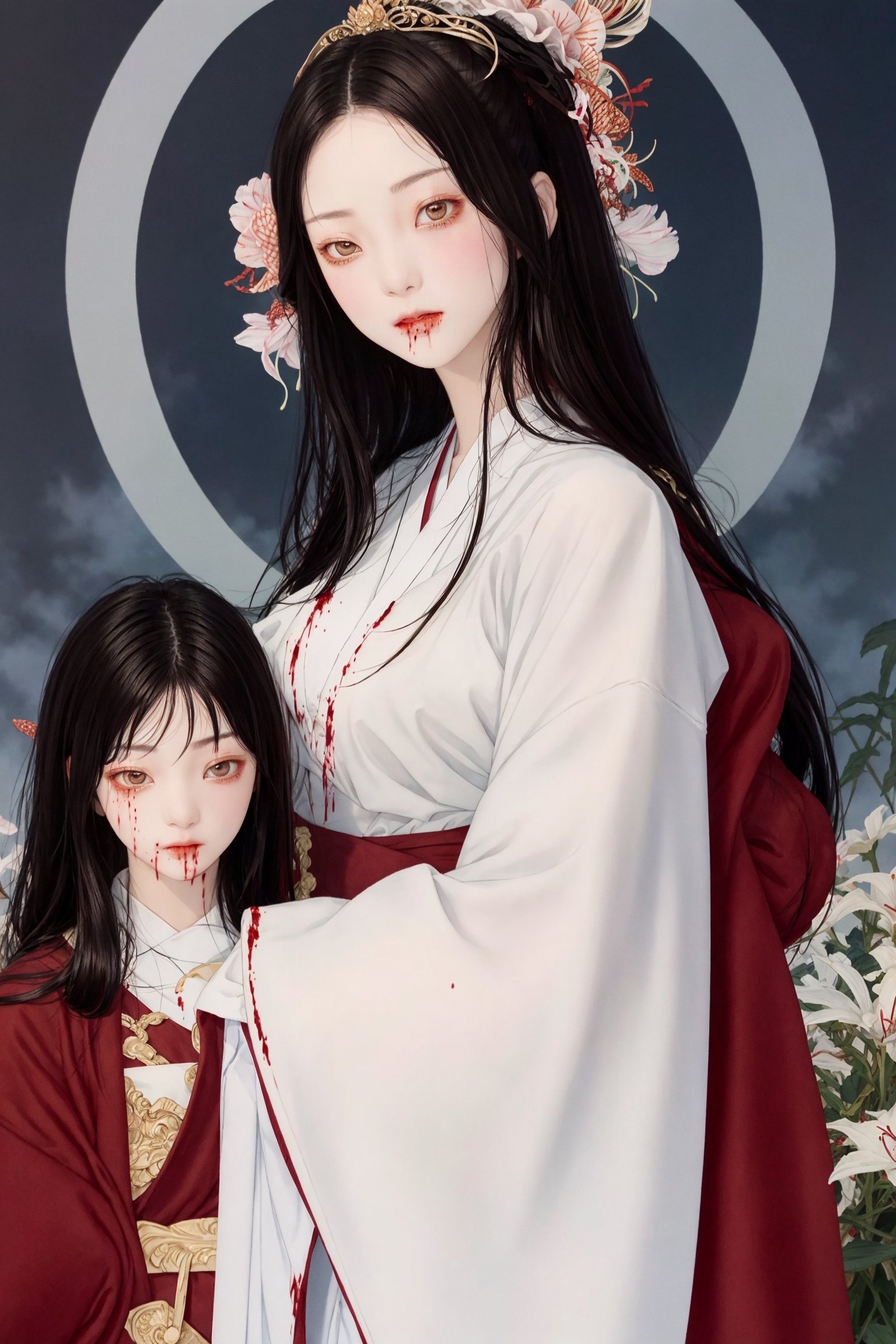 2 angels and a young girl, cowboy shot, masterpiece, hair, hime cut, very long hair, big_breasts, heaven, sky, red spider lilies, funeral robe More Detail,looking_at_viewer, More Detail, eyes, blood