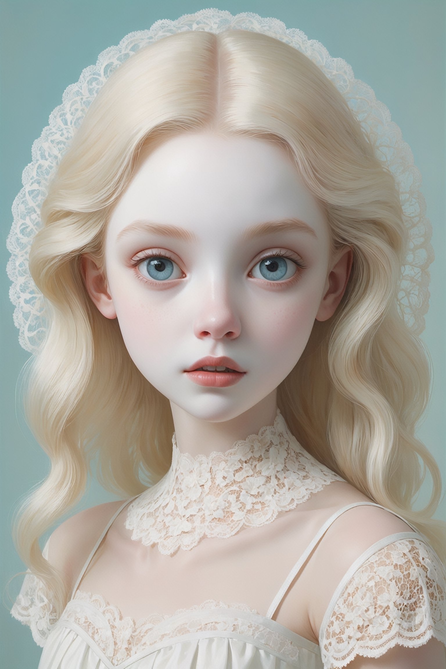 Oil painting of an 18 year old girl with a ghostly white face, wearing a white lace basque, upper body, huge round eyes, super small nose and mouth, long straight blonde hair, soft color, dreamlike, surrealism, plain graduated pale background, intricate details, 3D rendering, octane rendering. Art in pop surrealism lowbrow creepy cute style. Inspired by Ray Caesar. Vintage art, opaque colors, light grain, indirect lighting.