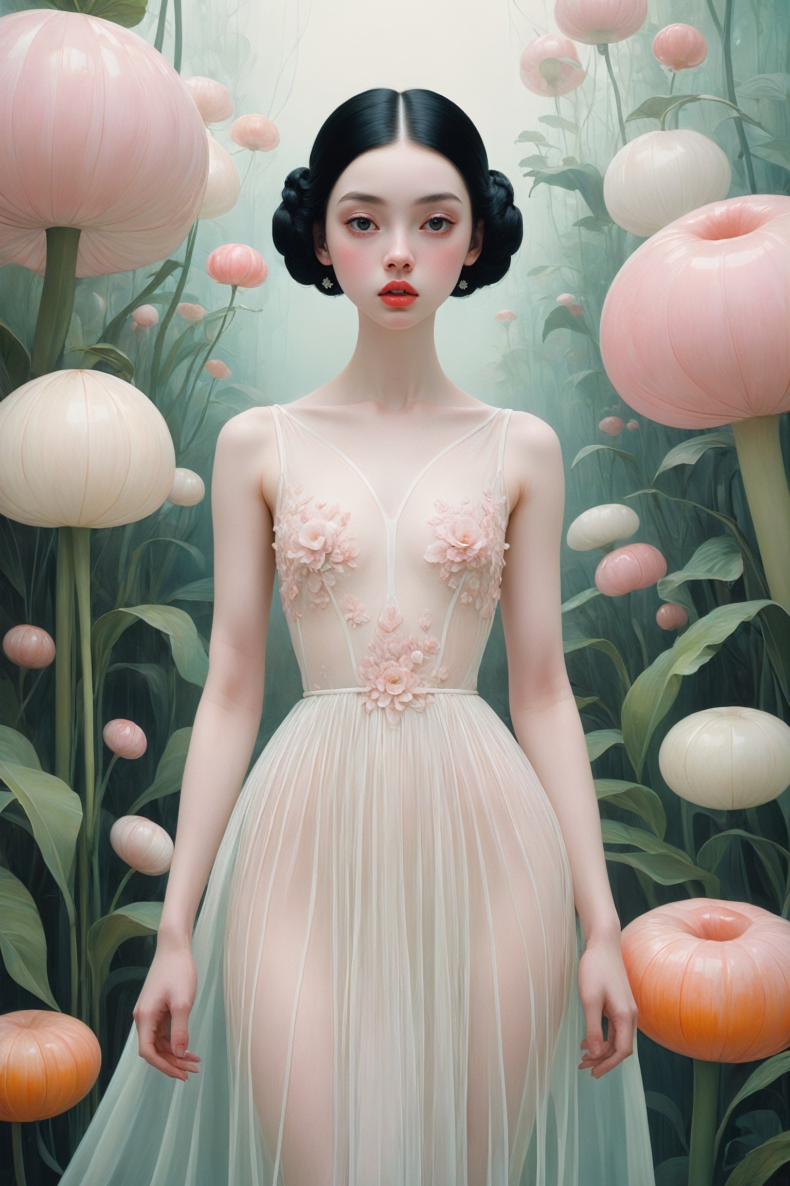 {{full_body}}, Oil painting of a beautiful 18 year old girl with pale skin, front on to viewer, {{wearing white transparent see-through chifon gown}},  huge round eyes, super small nose and mouth, pale pink lips, extra long straight black hair in a bun, soft color, dreamlike, surrealism, plain graduated pale background, intricate details, 3D rendering, octane rendering. Art in pop surrealism lowbrow creepy cute style. Inspired by Ray Caesar. Vintage art, ((art deco background)), opaque colors, light grain, indirect lighting.