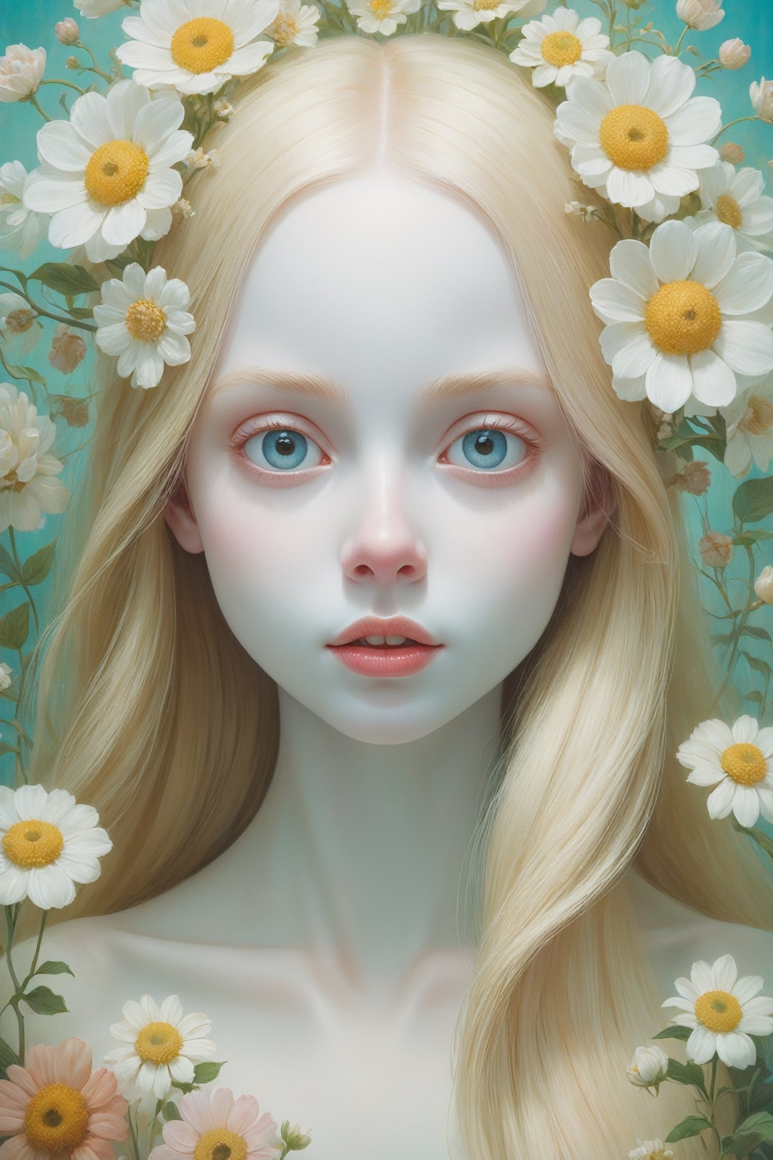 Oil painting of an 18 year old totally naked girl with a ghostly white face, huge round eyes, super small nose and mouth, long blonde hair, soft color, dreamlike, surrealism, background with flowers, intricate details, 3D rendering, octane rendering. Art in pop surrealism lowbrow creepy cute style. Inspired by Ray Caesar. Vintage art, opaque colors, light grain, indirect lighting.