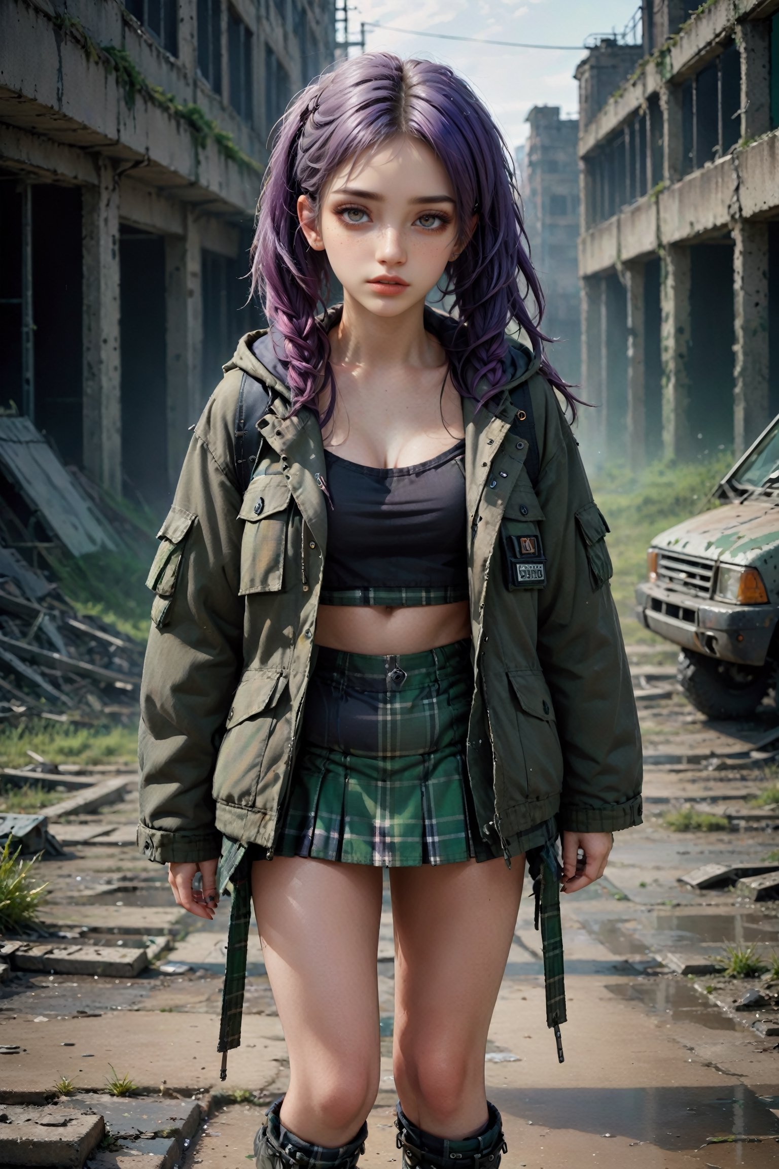 {{close-up portrait}}, A lonely 18yr old girl in a nuclear wasteland. Wearing a grey fraid and torn micro plaid schoolgirl miniskirt, {{croptop}} and long military parka, showing lots of thigh, combat boots. dark purple and green multi-color hair in pigtails, smudged dark gothic eye makeup. The once thriving city now lies in ruins, with crumbling buildings and abandoned vehicles scattered amidst the desolation. Nature has started to reclaim the territory, with ((plants growing through cracks in the concrete)). The atmosphere is eerie, with a sense of loneliness and despair hanging in the air. The scene is bathed in a dark and moody light, emphasizing the post-apocalyptic setting. The girl's expression reflects her loneliness and the weight of the world she carries on her shoulders. The colors are muted, with a desaturated and faded palette, further enhancing the desolate mood of the scene.,EGirlMakeup, eyeliner, eyeshadow, DetailedEyes_V3.1