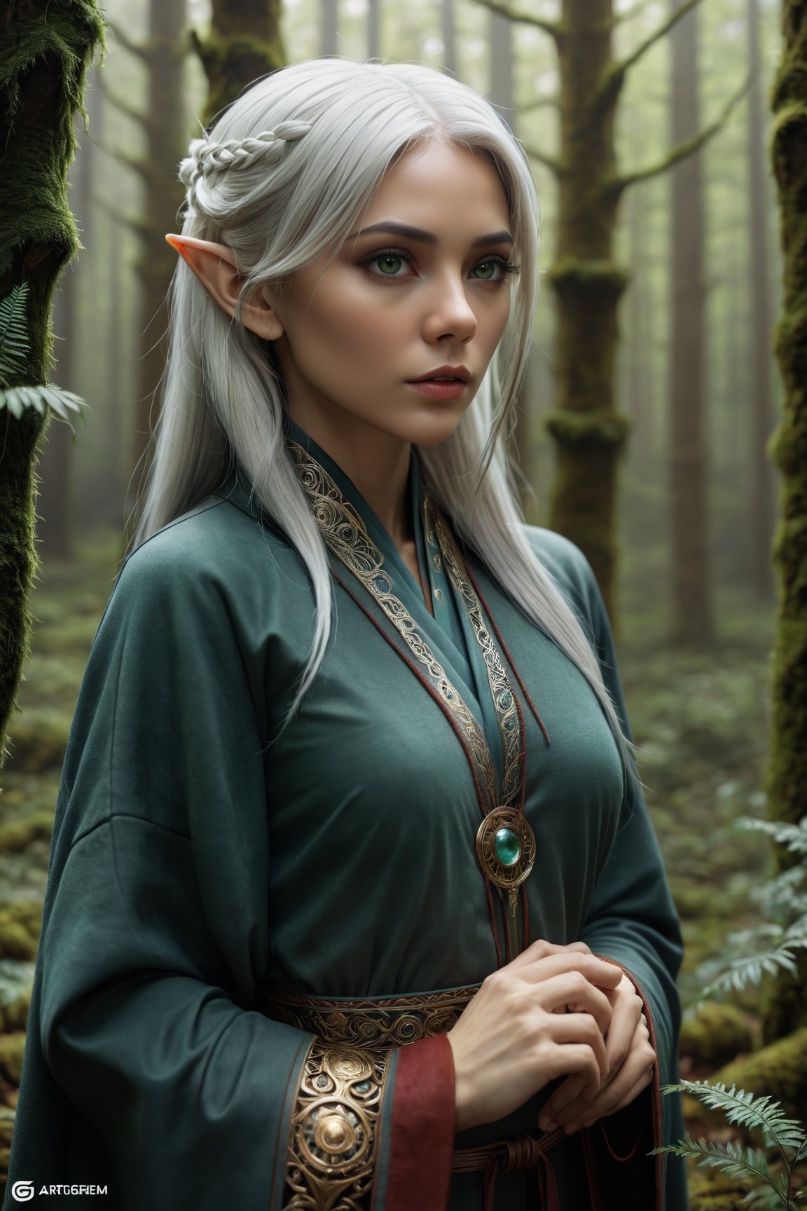 Midjourney style, ultrarealistic, a beautiful naked elf woman,  {{full_body}}, standing in a mossy forest, ((white hair)), {{see-though clothing}},  {{green eyes}},  perfect detailed face, detailed symmetric circular iris, Peaky Blinders aesthetic, realistic, 3d render, octane render, intricately detailed, cinematic, trending on artstation, Isometric, Centered hypereallistic cover photo, awesome full color, hand drawn, dark, gritty, mucha, klimt, erte 12k, hight definition, cinematic, neoprene, behance contest winner, portrait featured on unsplash, stylized digital art, smooth, ultra high definition, 8k, unreal engine 5, ultra sharp focus, intricate artwork masterpiece, ominous, epic,trending on artstation, by artgerm, h. r. giger,  beksinski, highly detailed, vibrant,dreamscape,b3rli,winterhanfu