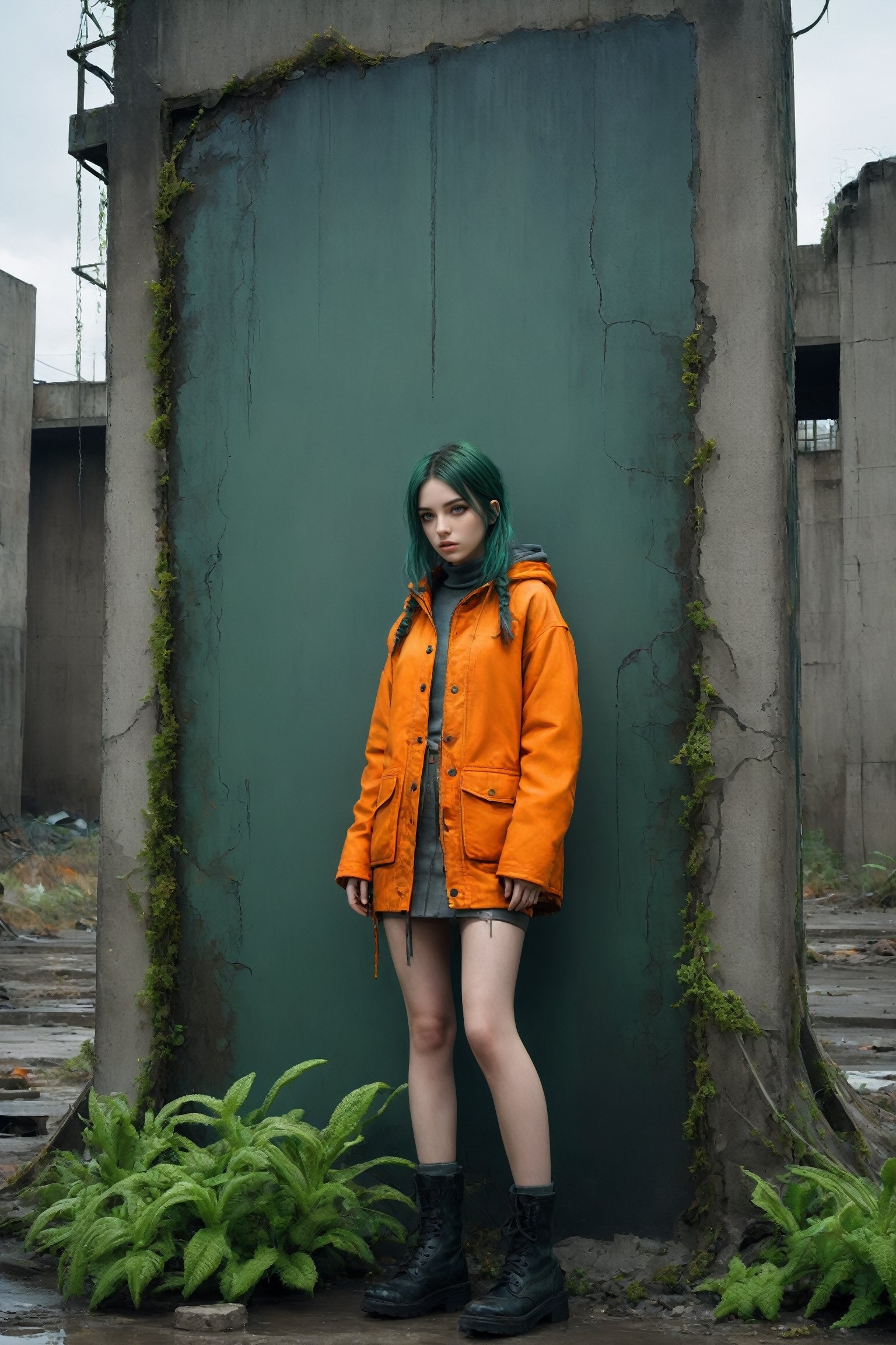 {{close-up portrait}}, A lonely 18yr old girl in a nuclear wasteland. Wearing a dark grey low rise miniskirt, low waist ultra high miniskirt, {{orange chunky knit croptop sweater}} and long military parka, {{{exposed tummy}}}, showing lots of thigh, bare legs, combat boots. dark green hair in twin pigtails, smudged dark gothic eye makeup. Concrete wall with Graffiti, The once thriving city now lies in ruins, with crumbling buildings and abandoned vehicles scattered amidst the desolation. Nature has started to reclaim the territory, with ((plants growing through cracks in the concrete)). The atmosphere is eerie, with a sense of loneliness and despair hanging in the air. The scene is bathed in a dark and moody light, emphasizing the post-apocalyptic setting. The girl's expression reflects her loneliness and the weight of the world she carries on her shoulders. The colors are muted, with a desaturated and faded palette, further enhancing the desolate mood of the scene., eyeliner, eyeshadow,DonMG414XL