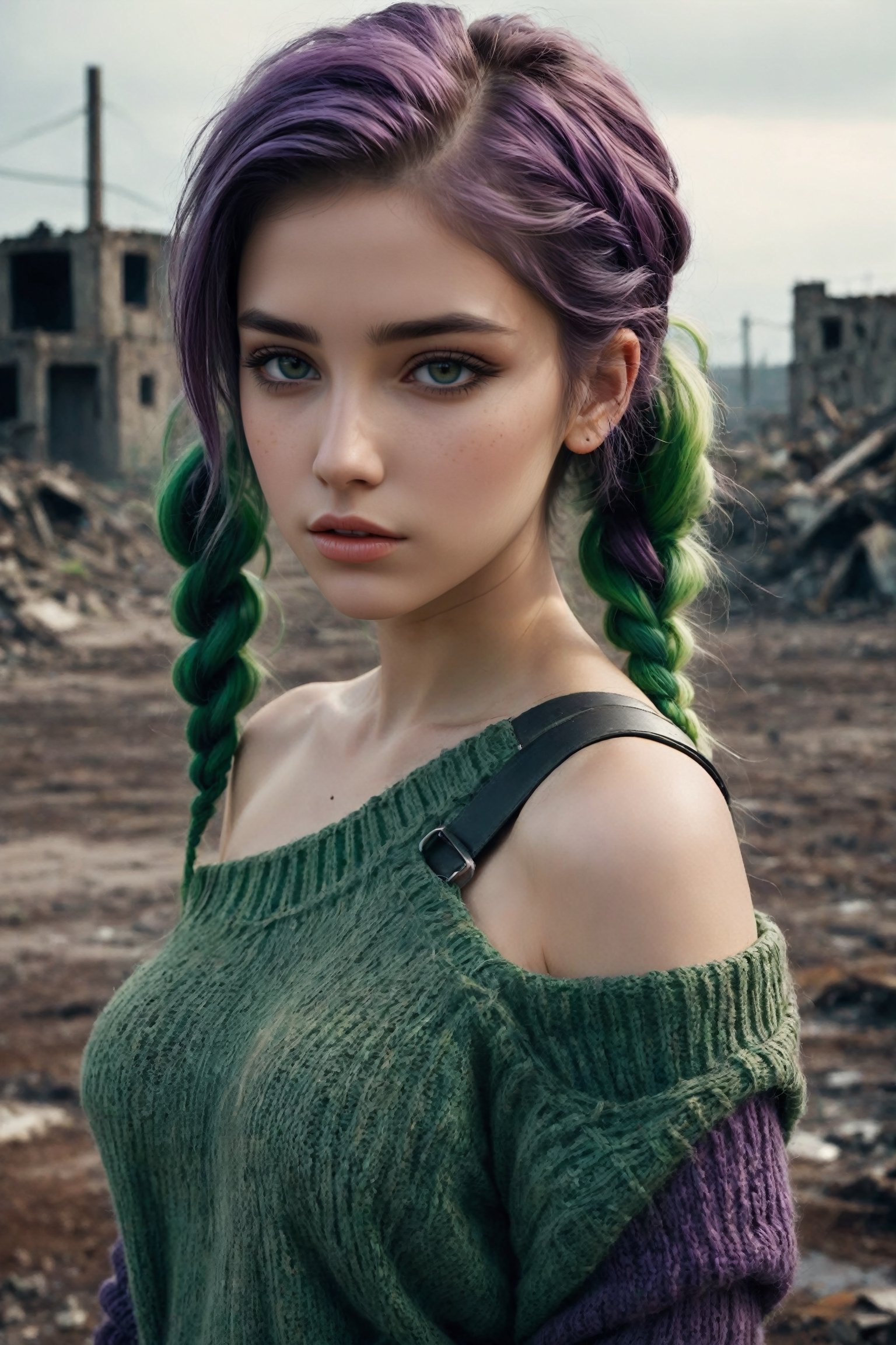 {{close-up face portrait}}, {{{facing towards camera}}}, A sad and lonely beautiful 18yr old girl in a nuclear wasteland. visible skin pores, {{{chunky knitted sweater off one shoulder, naked under}}}, dark purple and green multi-color hair in pigtails, smudged dark gothic eye makeup. The once thriving city now lies in ruins, with crumbling buildings and abandoned vehicles scattered amidst the desolation. Nature has started to reclaim the territory, with ((plants growing through cracks in the concrete)). The atmosphere is eerie, with a sense of loneliness and despair hanging in the air. The scene is bathed in a dark and moody light, emphasizing the post-apocalyptic setting. The girl's expression reflects her loneliness and the weight of the world she carries on her shoulders. The colors are muted, with a desaturated and faded palette, further enhancing the desolate mood of the scene.