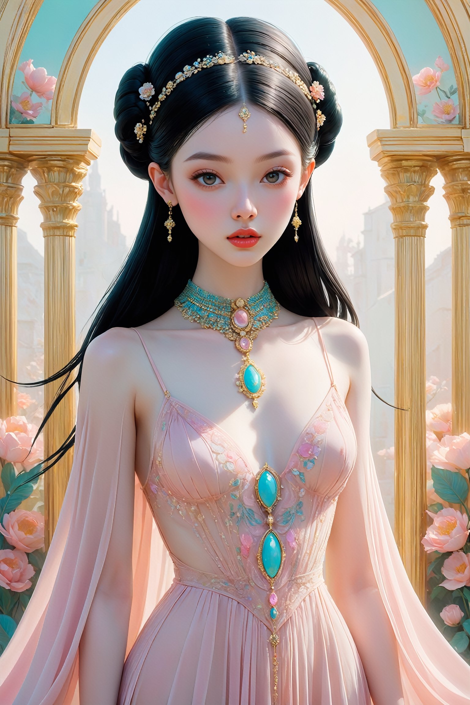 {{full_body}}, Oil painting of a beautiful 20 year old girl with pale skin, front on to viewer, {{wearing a sexy long see-through chifon gown}}, {{small pale pink nipples}}, huge round eyes, super small nose and mouth, pale pink lips, extra long straight black hair with a center parting in twin bun, medium breasts, slender hips, sensual, erotic, soft color, dreamlike, surrealism, plain graduated pale background, intricate details, 3D rendering, octane rendering. Art in pop surrealism lowbrow creepy cute style. Inspired by Ray Caesar. Vintage art, ((art deco geometric pattern background)), opaque colors, light grain, indirect lighting,