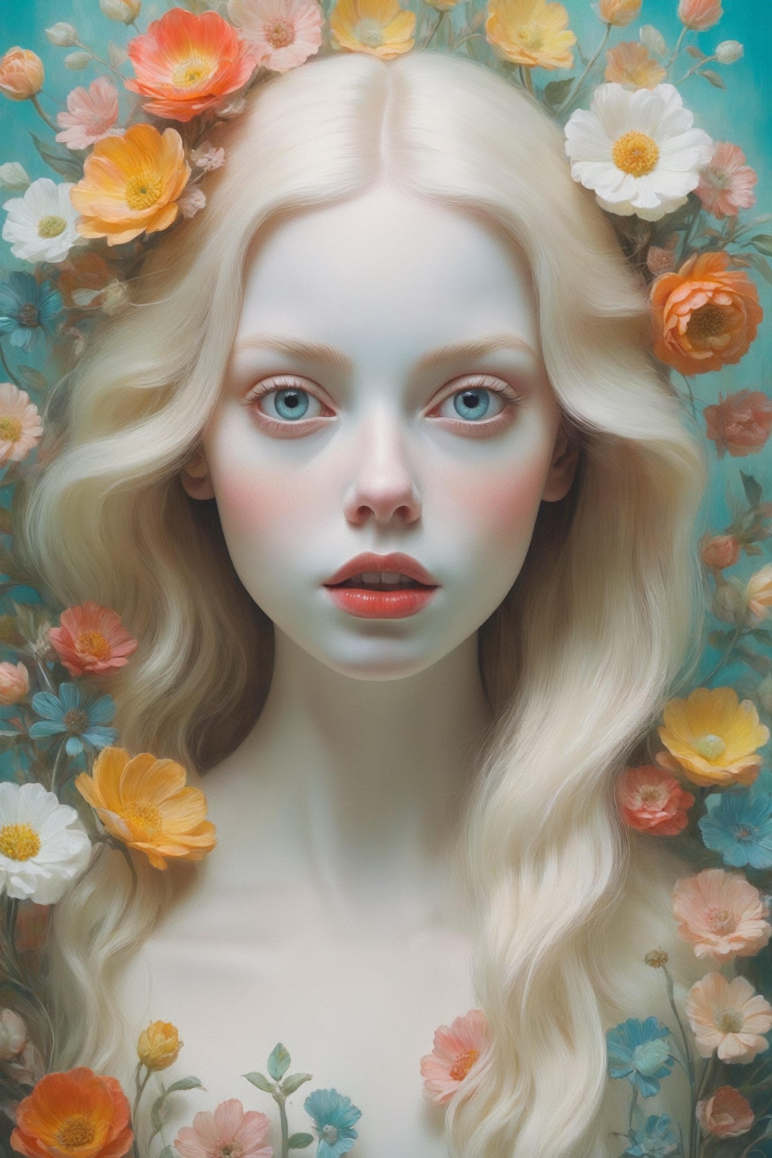 Oil painting of a beautiful 18 year old girl with a ghostly white face {{standing totally naked}}, half body, upper body, huge round eyes, super small nose and mouth, long blonde hair, soft color, dreamlike, surrealism, background of multi-colored flowers, intricate details, 3D rendering, octane rendering. Art in pop surrealism lowbrow creepy cute style. Inspired by Ray Caesar. Vintage art, opaque colors, light grain, indirect lighting.