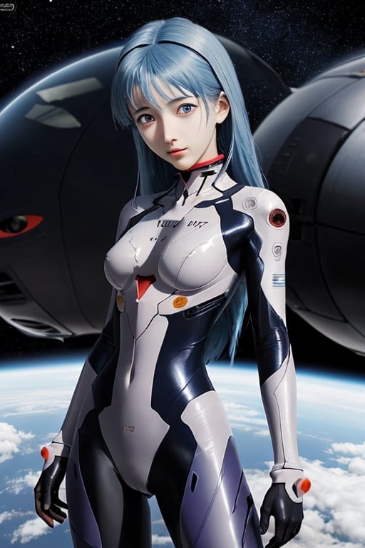 blue hair girl, spacw suit, evangelion, futuristic, shy, naked