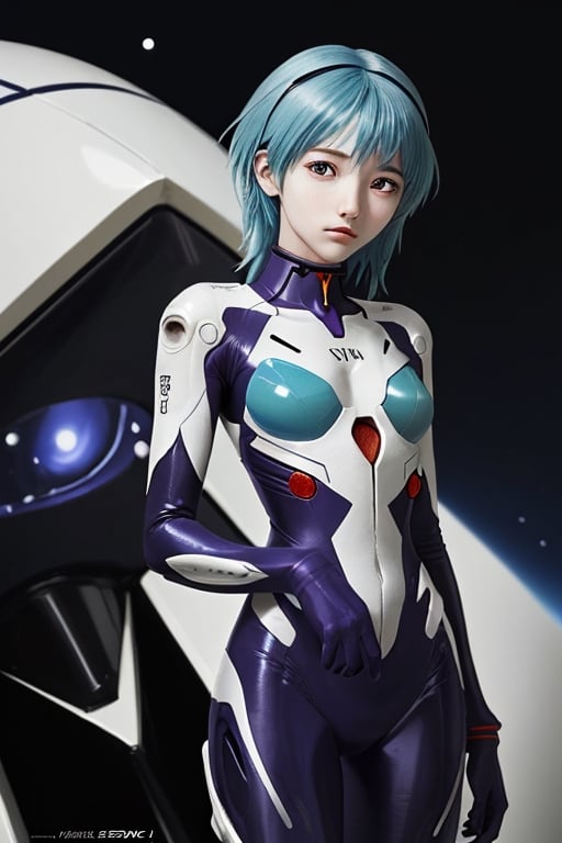 blue hair girl, spacw suit, evangelion, futuristic, shy