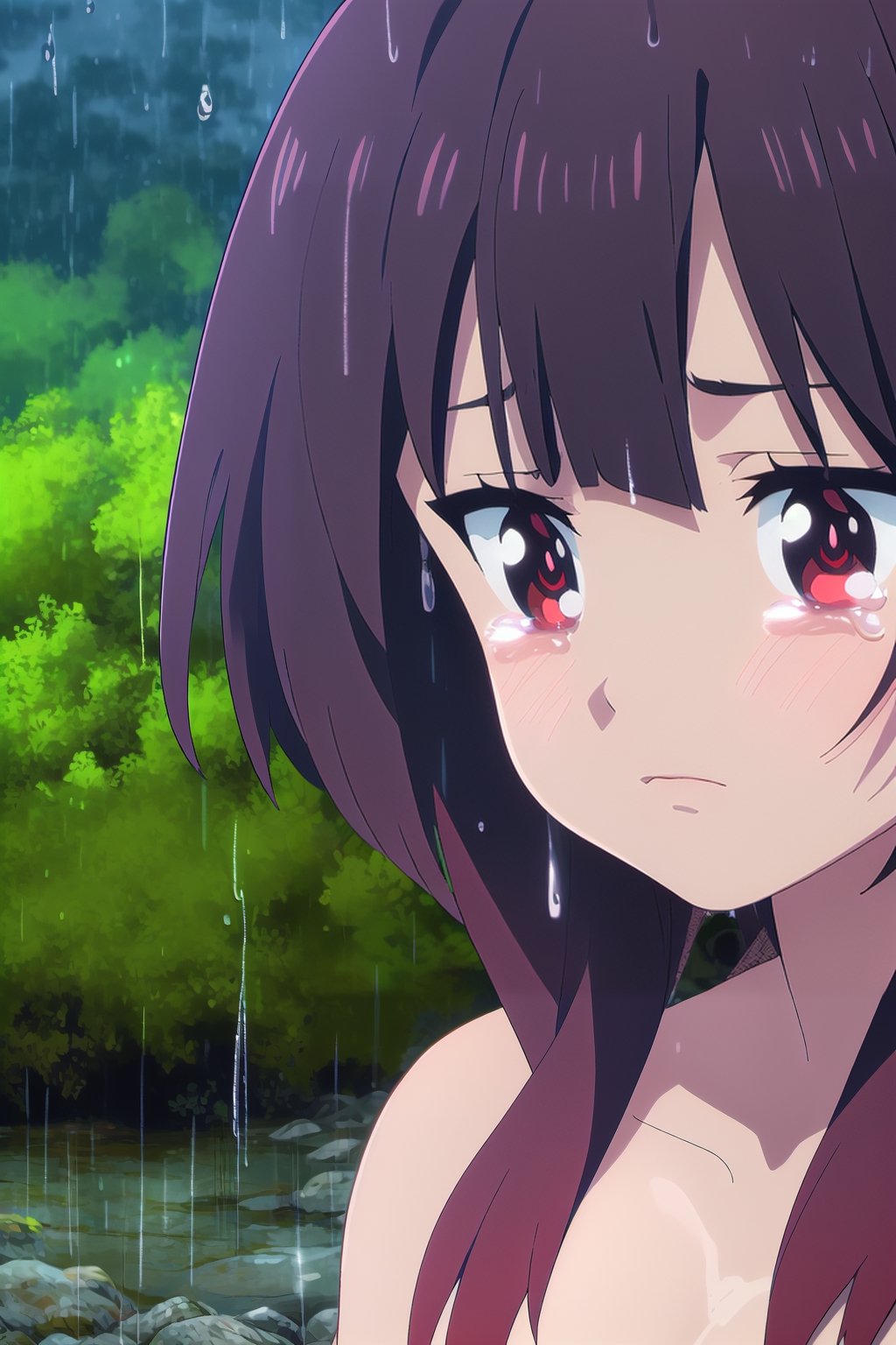 1girl, megumin, Megumin, portraithighly detailed, high quality, good color mix, (full rear and panoramic shot), solo, sad atmosphere, (eyes with tears, looking down), red dress, in a forest with a noticeable heavy rain, detailed background, portrait, illustration, brown hair, short hair, naked, dick