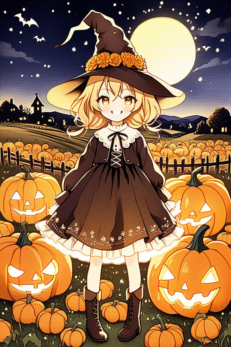 A whimsical, miniature scarecrow stands tall amidst a cornucopia of Halloween pumpkins in the rustic countryside. Framed by a sun-kissed horizon, the scarecrow's bright yellow smile and wide-brimmed hat contrast with the eerie ambiance. Soft, golden lighting highlights the pumpkins' intricate carvings, while the scarecrow's delicate, Chibi-inspired features exude playful innocence.