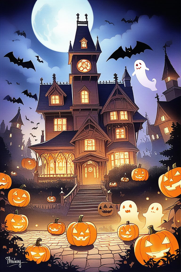 A spooky Halloween landscape with a old house, pumpkins, bats, ghost and a whimsical touch: A misty moonlit night frames the scene, with the creaking old mansion looming large in the center. Cobwebs cling to its crooked roof, while jack-o'-lanterns of varying sizes dot the yard, their carved faces aglow with an otherworldly light. Chibi and cartoon style