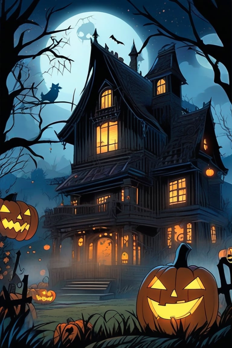 A spooky Halloween landscape with a old house, pumpkins, bats, ghost and a whimsical touch: A misty moonlit night frames the scene, with the creaking old house looming large in the center. Cobwebs cling to its crooked roof, while jack-o'-lanterns of varying sizes dot the yard, their carved faces aglow with an otherworldly light. chibi and cartoon style