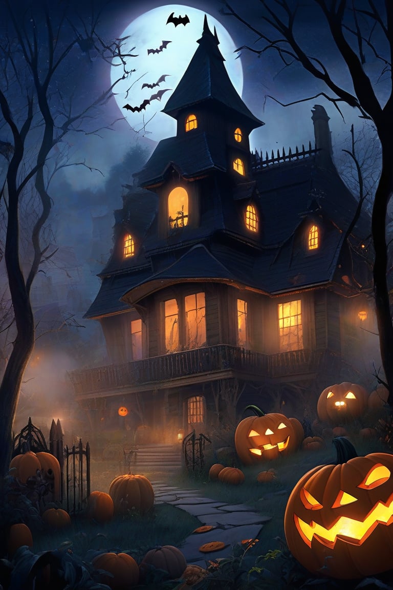  A spooky Halloween landscape with a old house, pumpkins, bats, ghost and a whimsical touch: A misty moonlit night frames the scene, with the creaking old house looming large in the center. Cobwebs cling to its crooked roof, while jack-o'-lanterns of varying sizes dot the yard, their carved faces aglow with an otherworldly light.