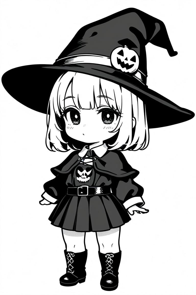 a halloween witch coloring page for kids, black and white outline for kids, clean line art, Chibi Style, black lines white background, coloring page for beginners