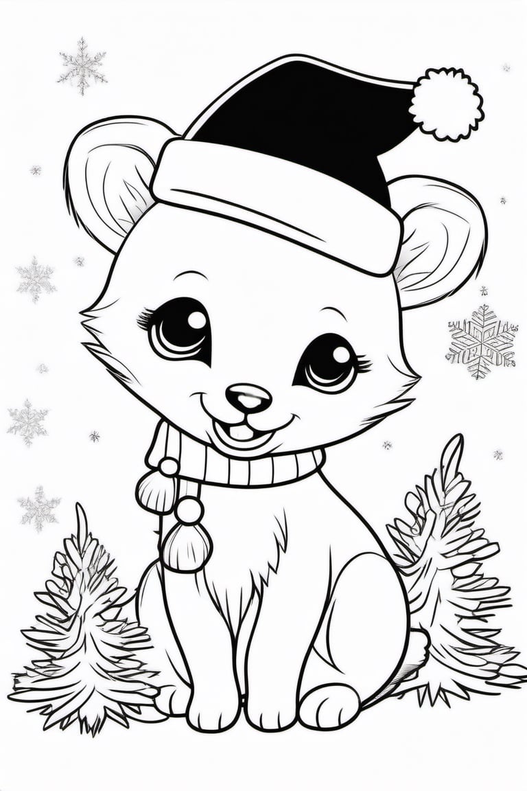 christmas, cute Christmas animals, black and white outline for kids, colloring book page, cloring pages for kids, full white, white background, cartoon style, clean line art,Chibi Style