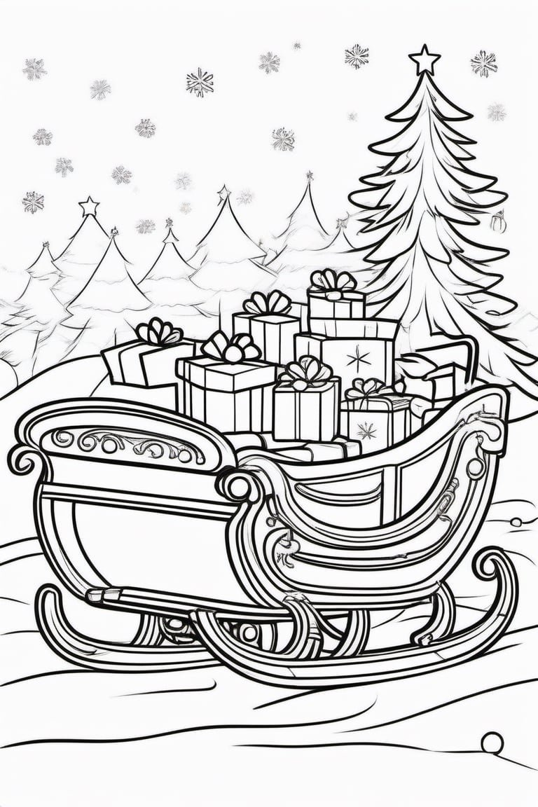 christmas, Christmas sled full of presents, black and white outline for kids, colloring book page, cloring pages for kids, full white, white background, cartoon style, clean line art