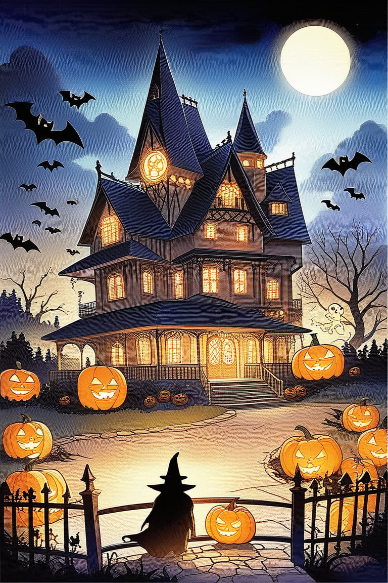 A spooky Halloween landscape with a old house, pumpkins, bats, ghost and a whimsical touch: A misty moonlit night frames the scene, with the creaking old mansion looming large in the center. Cobwebs cling to its crooked roof, while jack-o'-lanterns of varying sizes dot the yard, their carved faces aglow with an otherworldly light. Chibi and cartoon style