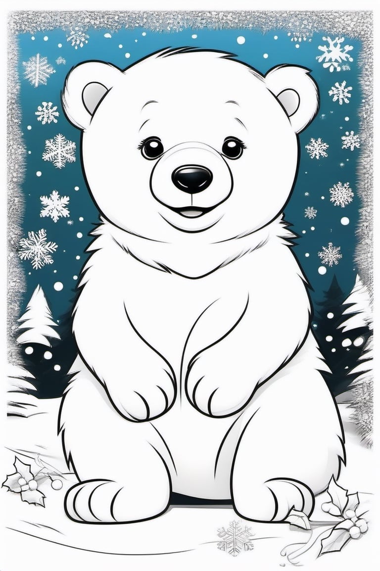 christmas, cute a baby Christmas polar bear, black and white outline for kids, colloring book page, cloring pages for kids, full white, white background, cartoon style, clean line art