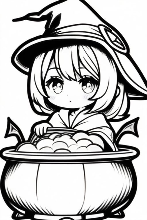 a spooky delight! Here is a black and white Halloween drawing to color for kids in chibi style:

An adorable little witch whit a pointy hat sits on a cauldron. Black outlines on a crisp white background await the touch of a Young artist. The simples lines and minimal details make this chibi-style witch perfect for beginners 