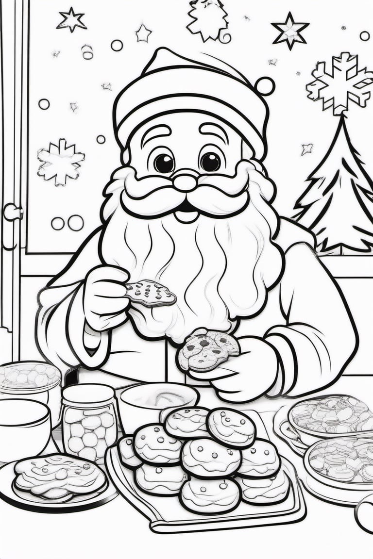 christmas, santa claus eating christmas cookies, black and white outline for kids, colloring book page, cloring pages for kids, full white, white background, cartoon style, clean line art,Chibi Style