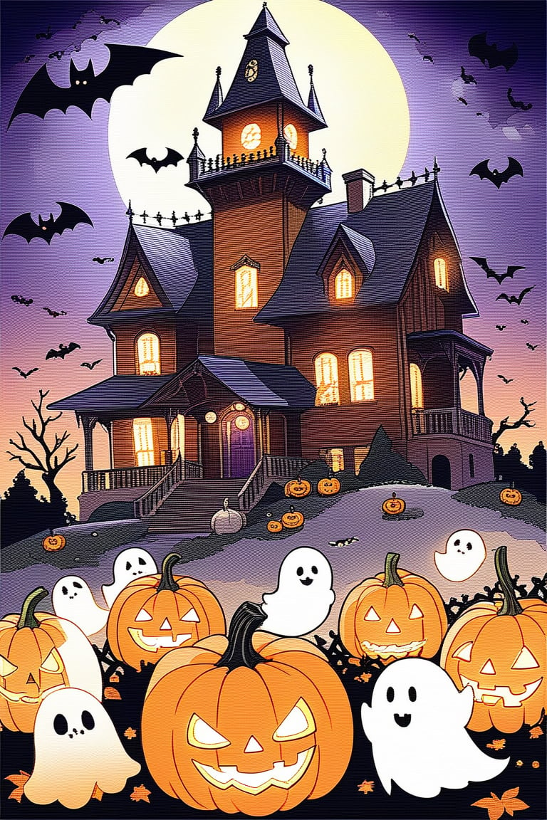 A spooky Halloween landscape with a old house, pumpkins, bats, ghost and a whimsical touch: A misty moonlit night frames the scene, with the creaking old mansion looming large in the center. Cobwebs cling to its crooked roof, while jack-o'-lanterns of varying sizes dot the yard, their carved faces aglow with an otherworldly light. Chibi and cartoon style