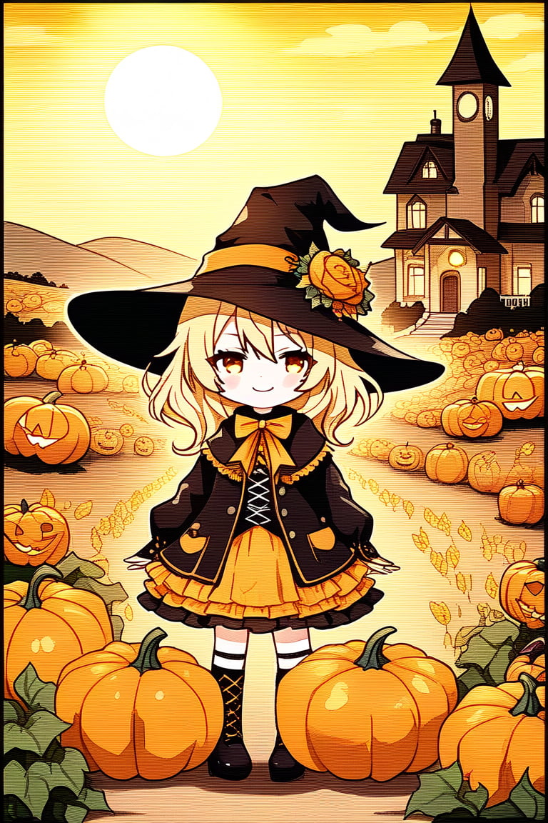 A whimsical, little chibi scarecrow stands tall amidst a cornucopia of Halloween pumpkins in the rustic countryside. Framed by a sun-kissed horizon, the scarecrow's bright yellow smile and wide-brimmed hat contrast with the eerie ambiance. Soft, golden lighting highlights the pumpkins' intricate carvings, while the scarecrow's delicate, Chibi-inspired features exude playful innocence. Chibi style