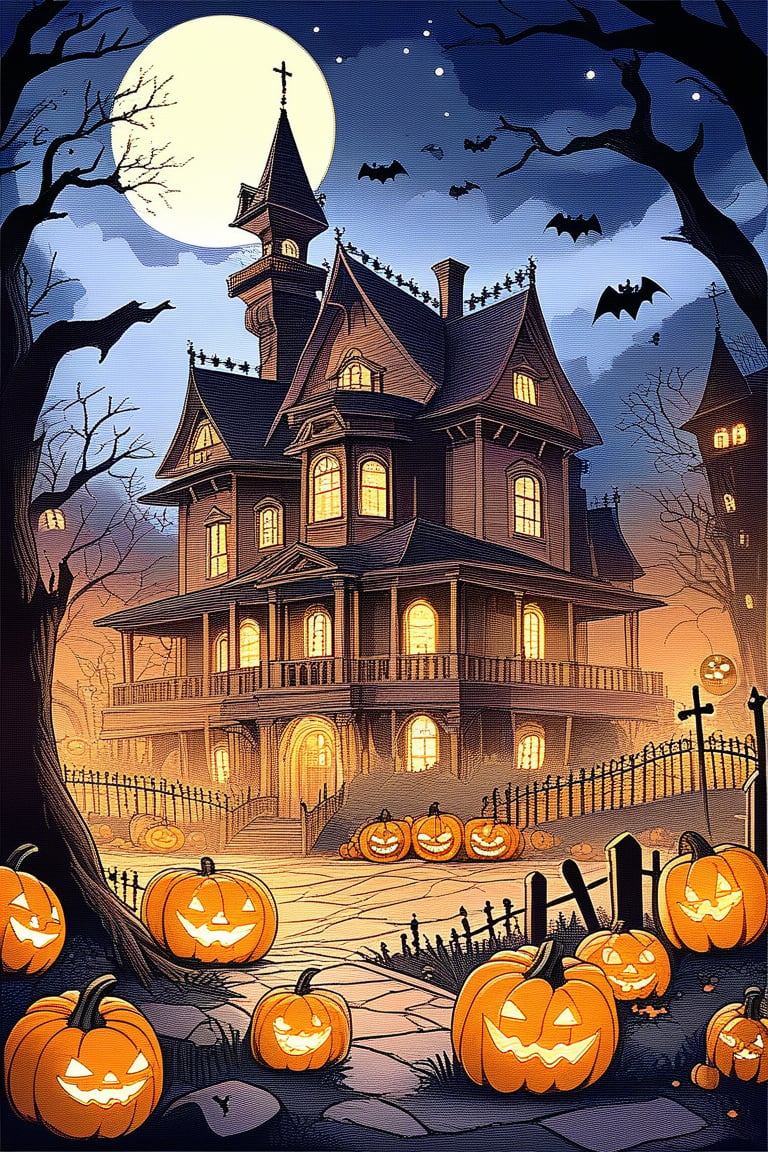 A spooky Halloween landscape with a old house, pumpkins, bats, ghost and a whimsical touch: A misty moonlit night frames the scene, with the creaking old mansion looming large in the center. Cobwebs cling to its crooked roof, while jack-o'-lanterns of varying sizes dot the yard, their carved faces aglow with an otherworldly light. Cartoon style