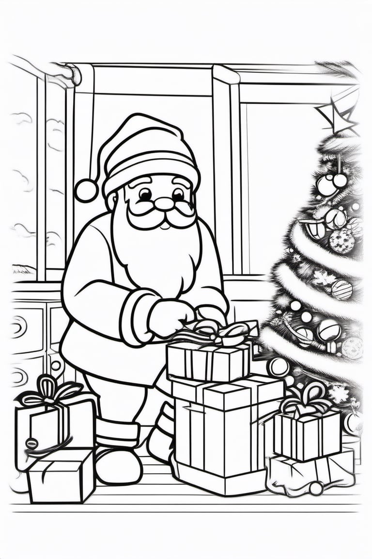 christmas, santa claus making presents for christmas, black and white outline for kids, colloring book page, cloring pages for kids, full white, white background, cartoon style, clean line art,Chibi Style