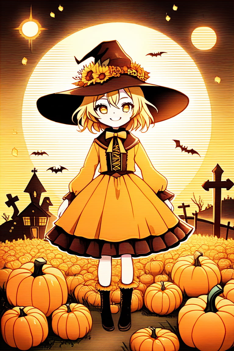 A whimsical, miniature scarecrow stands tall amidst a cornucopia of Halloween pumpkins in the rustic countryside. Framed by a sun-kissed horizon, the scarecrow's bright yellow smile and wide-brimmed hat contrast with the eerie ambiance. Soft, golden lighting highlights the pumpkins' intricate carvings, while the scarecrow's delicate, Chibi-inspired features exude playful innocence.