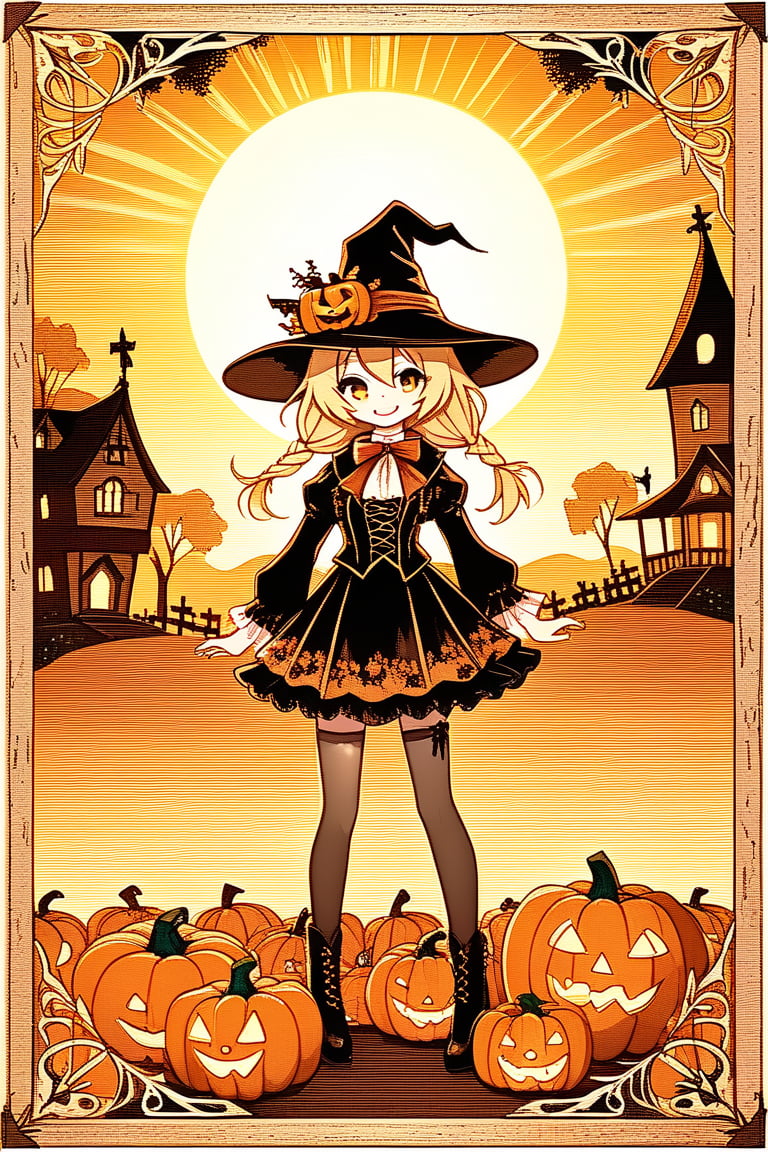 A whimsical, miniature scarecrow stands tall amidst a cornucopia of Halloween pumpkins in the rustic countryside. Framed by a sun-kissed horizon, the scarecrow's bright yellow smile and wide-brimmed hat contrast with the eerie ambiance. Soft, golden lighting highlights the pumpkins' intricate carvings, while the scarecrow's delicate, Chibi-inspired features exude playful innocence. Chibi style