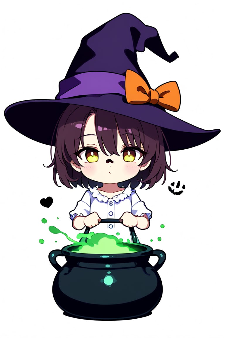 A spooky delight! Here's a prompt for a Halloween for coloring page for kids in Chibi style:

A small, adorable witch with a pointed hat and wart on her nose sits on a cauldron-covered hillside at sunset. Black outlines on a crisp white background await a young artist's touch. Simple lines and minimal details make this Chibi-style witch perfect for beginners