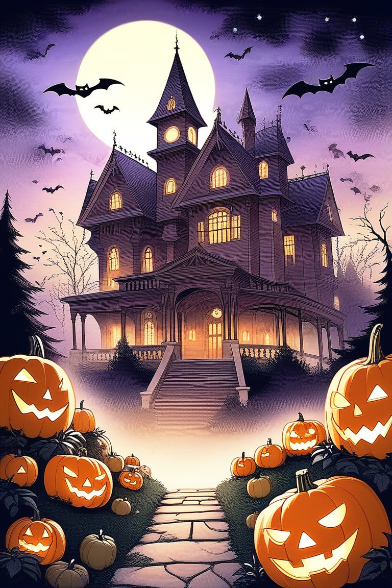 A spooky Halloween landscape with a haunted house, pumpkins, bats, ghost and a whimsical touch: A misty moonlit night frames the scene, with the creaking old mansion looming large in the center. Cobwebs cling to its crooked roof, while jack-o'-lanterns of varying sizes dot the yard, their carved faces aglow with an otherworldly light.