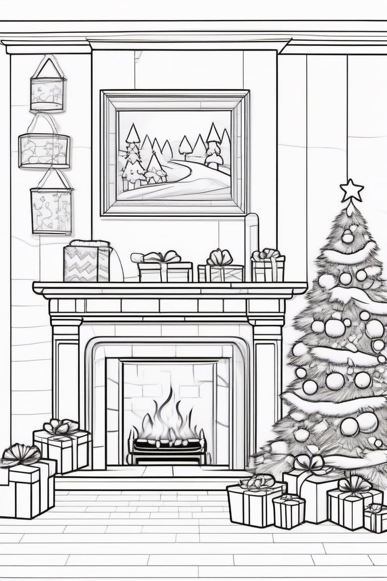 christmas, fireplace with presents, black and white outline for kids, colloring book page, cloring pages for kids, full white, white background, cartoon style, clean line art,Chibi Style