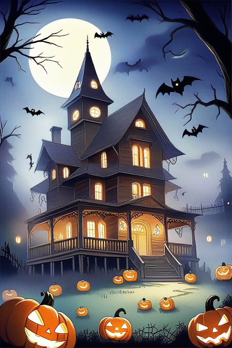 A spooky Halloween landscape with a old house, pumpkins, bats, ghost and a whimsical touch: A misty moonlit night frames the scene, with the creaking old house looming large in the center. Cobwebs cling to its crooked roof, while jack-o'-lanterns of varying sizes dot the yard, their carved faces aglow with an otherworldly light. 