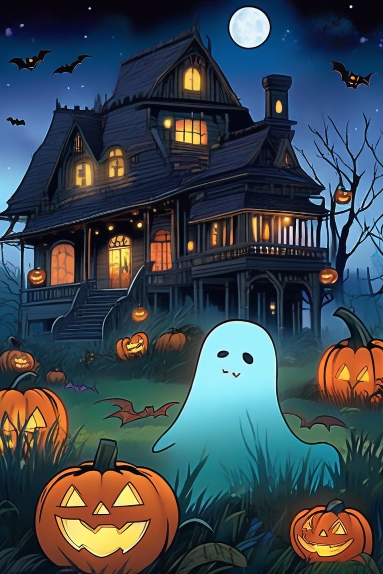 A spooky Halloween landscape with a old house, pumpkins, bats, ghost and a whimsical touch: A misty moonlit night frames the scene, with the creaking old house looming large in the center. Cobwebs cling to its crooked roof, while jack-o'-lanterns of varying sizes dot the yard, their carved faces aglow with an otherworldly light. chibi and cartoon style