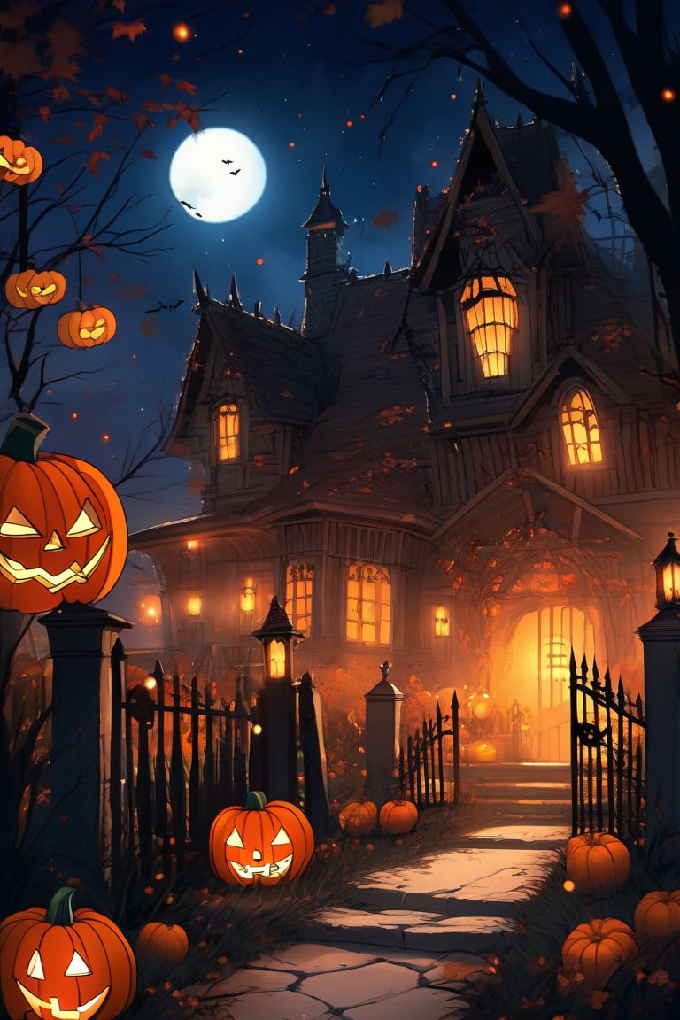 A spooky Halloween scene unfolds: a haunted house with jack-o'-lanterns and twinkling lights stands against a backdrop of a full moon shining bright on a clear night sky. A winding path leads to the creaky gate, where cobwebs cling and a lantern hangs precariously. In the foreground, a cauldron bubbles over an open flame, surrounded by pumpkins and autumn leaves. The atmosphere is eerie and inviting, perfect for coloring.