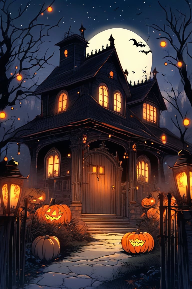 A spooky Halloween scene unfolds: a haunted house with jack-o'-lanterns and twinkling lights stands against a backdrop of a full moon shining bright on a clear night sky. A winding path leads to the creaky gate, where cobwebs cling and a lantern hangs precariously. In the foreground, a cauldron bubbles over an open flame, surrounded by pumpkins and autumn leaves. The atmosphere is eerie and inviting, perfect for coloring.