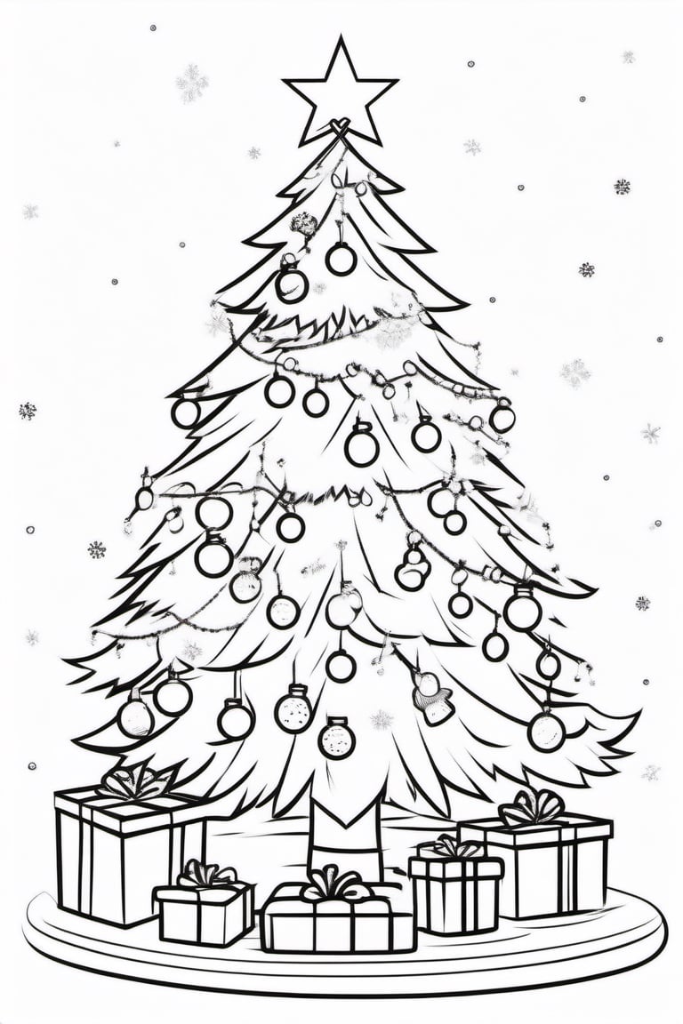 christmas, Christmas tree, black and white outline for kids, colloring book page, cloring pages for kids, full white, white background, cartoon style, clean line art,Chibi Style