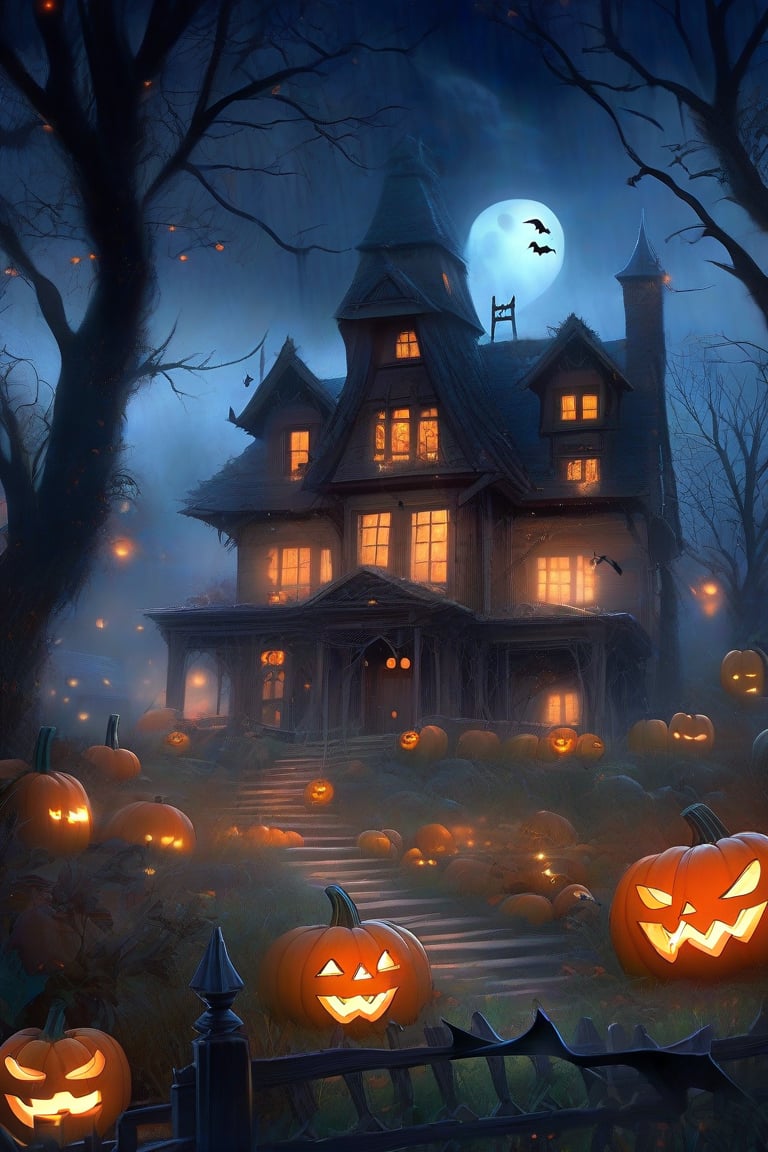 A spooky Halloween landscape with a old house, pumpkins, bats, ghost and a whimsical touch: A misty moonlit night frames the scene, with the creaking old house looming large in the center. Cobwebs cling to its crooked roof, while jack-o'-lanterns of varying sizes dot the yard, their carved faces aglow with an otherworldly light. 