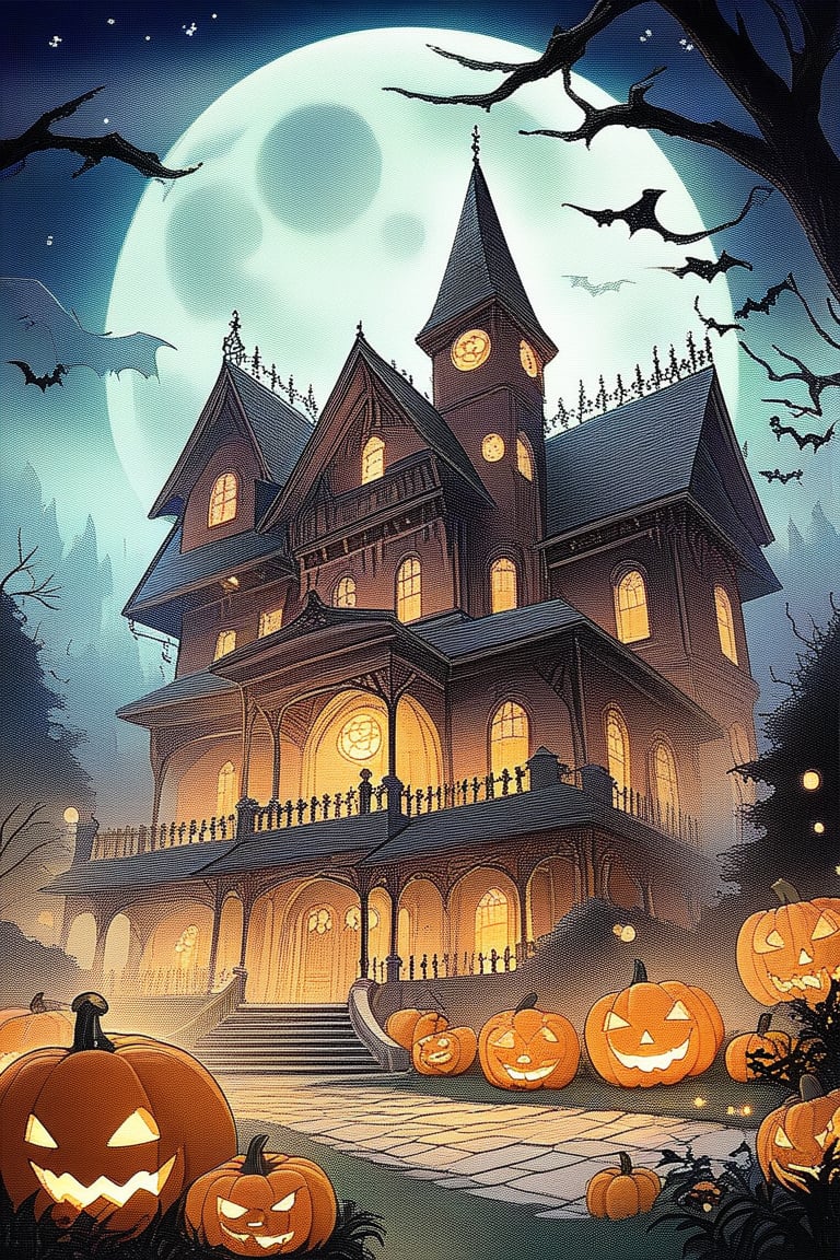 A spooky Halloween landscape with a haunted house, pumpkins, and a whimsical touch: A misty moonlit night frames the scene, with the creaking old mansion looming large in the center. Cobwebs cling to its crooked roof, while jack-o'-lanterns of varying sizes dot the yard, their carved faces aglow with an otherworldly light.