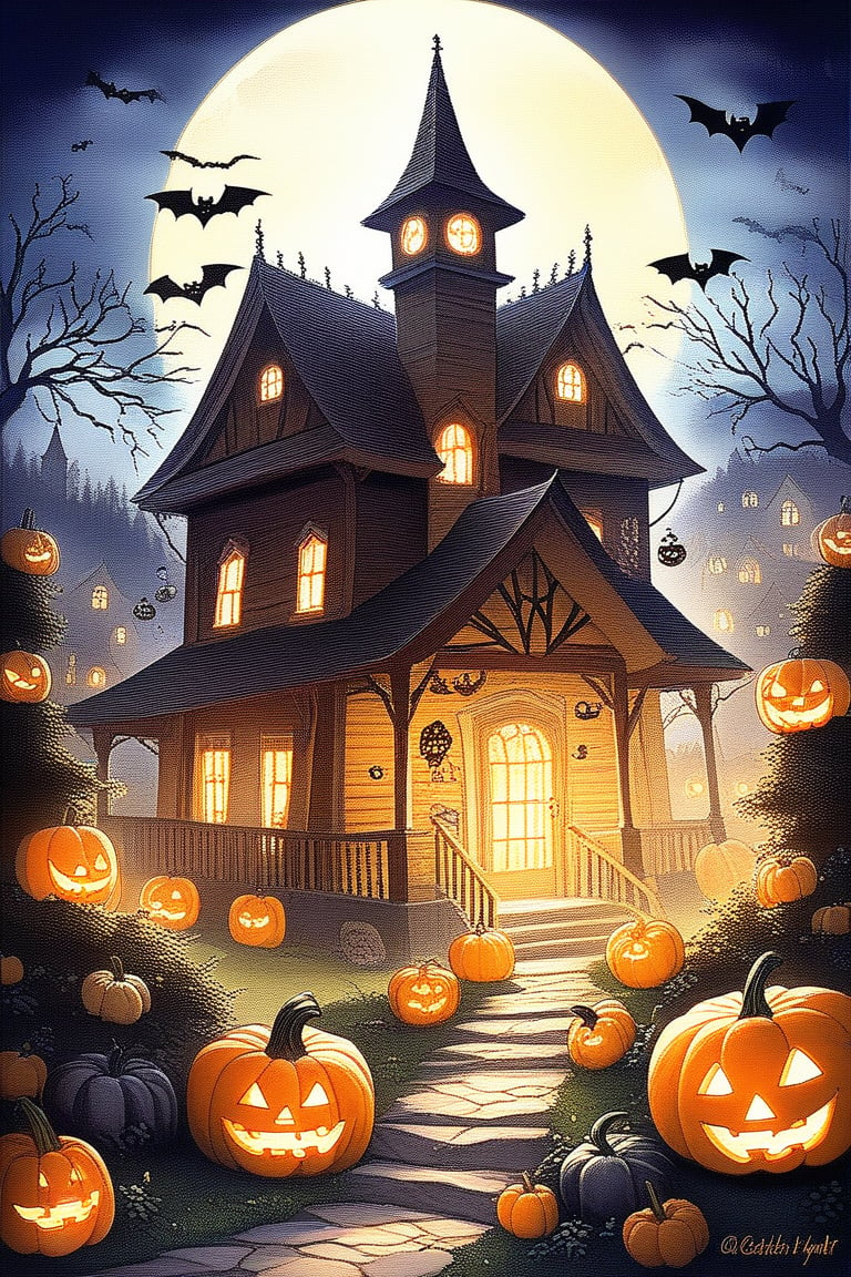 A spooky Halloween landscape with a old house, pumpkins, bats, ghost and a whimsical touch: A misty moonlit night frames the scene, with the creaking old house looming large in the center. Cobwebs cling to its crooked roof, while jack-o'-lanterns of varying sizes dot the yard, their carved faces aglow with an otherworldly light. 