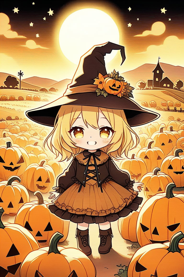 A whimsical, little cute chibi scarecrow stands tall amidst a cornucopia of Halloween pumpkins in the rustic countryside. Framed by a sun-kissed horizon, the scarecrow's bright yellow smile and wide-brimmed hat contrast with the eerie ambiance. Soft, golden lighting highlights the pumpkins' intricate carvings, while the scarecrow's delicate, Chibi-inspired features exude playful innocence. Chibi style