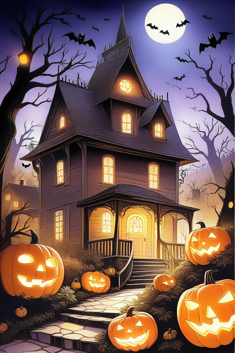 A spooky Halloween landscape with a old house, pumpkins, bats, ghost and a whimsical touch: A misty moonlit night frames the scene, with the creaking old house looming large in the center. Cobwebs cling to its crooked roof, while jack-o'-lanterns of varying sizes dot the yard, their carved faces aglow with an otherworldly light. 