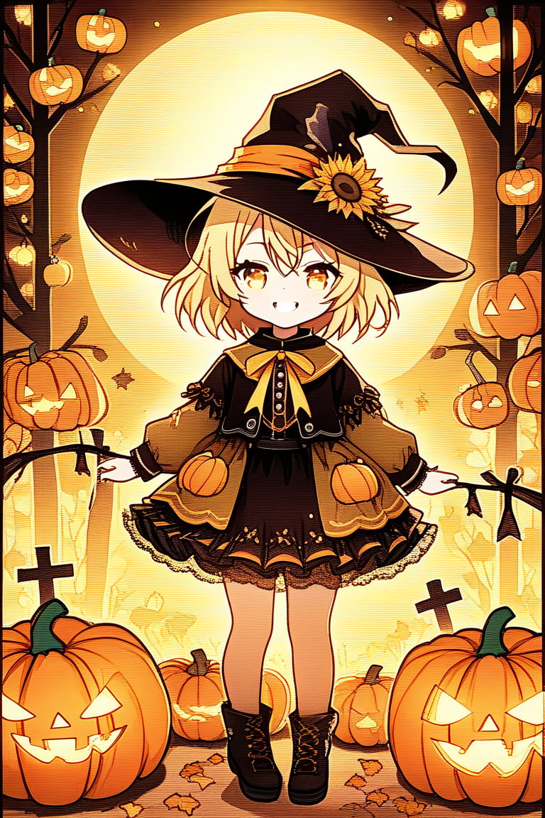 A whimsical, little chibi scarecrow stands tall amidst a cornucopia of Halloween pumpkins in the rustic countryside. Framed by a sun-kissed horizon, the scarecrow's bright yellow smile and wide-brimmed hat contrast with the eerie ambiance. Soft, golden lighting highlights the pumpkins' intricate carvings, while the scarecrow's delicate, Chibi-inspired features exude playful innocence. Chibi style