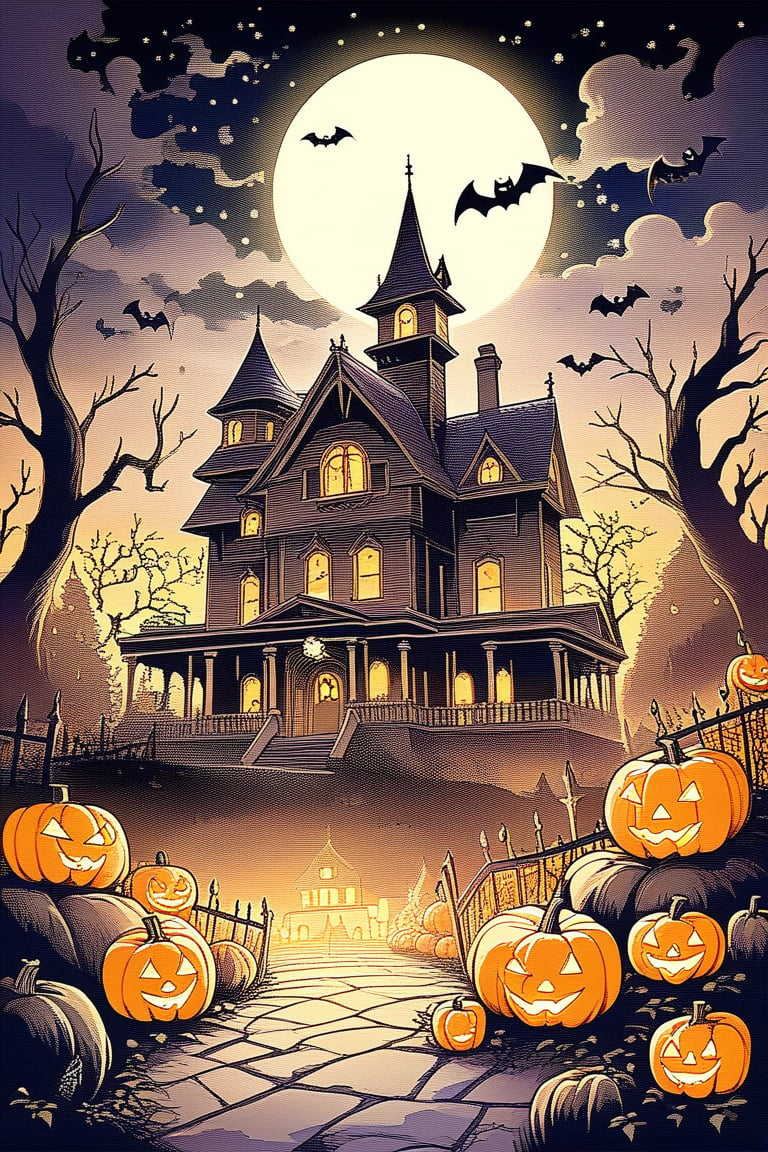 A spooky Halloween landscape with a old house, pumpkins, bats, ghost and a whimsical touch: A misty moonlit night frames the scene, with the creaking old mansion looming large in the center. Cobwebs cling to its crooked roof, while jack-o'-lanterns of varying sizes dot the yard, their carved faces aglow with an otherworldly light. Cartoon style