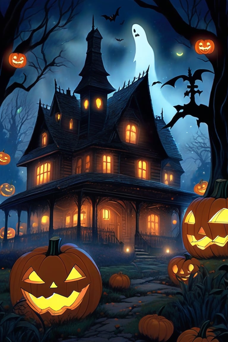 A spooky Halloween landscape with a old house, pumpkins, bats, ghost and a whimsical touch: A misty moonlit night frames the scene, with the creaking old house looming large in the center. Cobwebs cling to its crooked roof, while jack-o'-lanterns of varying sizes dot the yard, their carved faces aglow with an otherworldly light. 