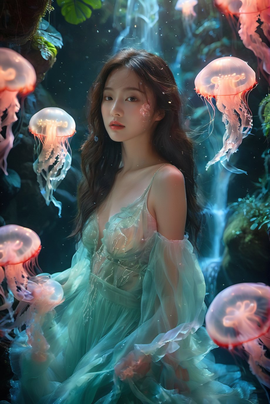 An Asian young woman with long flowing hair, adorned in a delicate emerald red lingerie, surrounded by a mesmerizing rainforest waterfall environment. She stands amidst a dance of luminescent jellyfish, which glow in hues of pink and blue. The backdrop is a cascading waterfall, punctuated by the soft glow of bioluminescent plants and the gentle mist of water. The woman's gaze is distant, as if lost in thought, while the jellyfish float gracefully around her, creating an ethereal and dreamlike atmosphere.