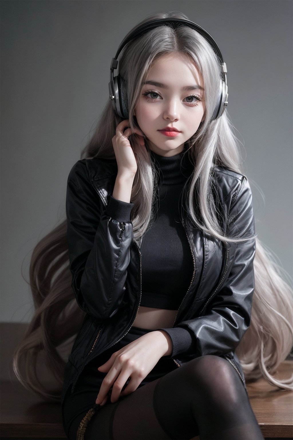 warm light room Beautiful woman with silver long hair against a grey background.over-the-ear headphones Smile,black tights top,Girl